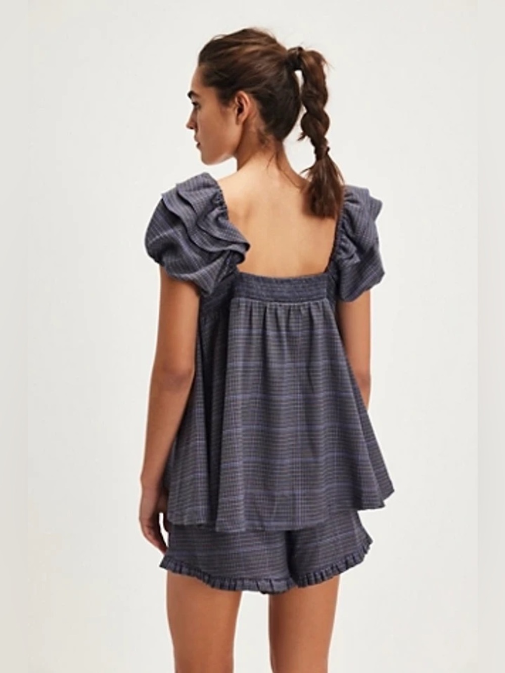 FREE PEOPLE Maggy Mae Blue Check Peasant Top and Shorts Set - Picture 2 of 10